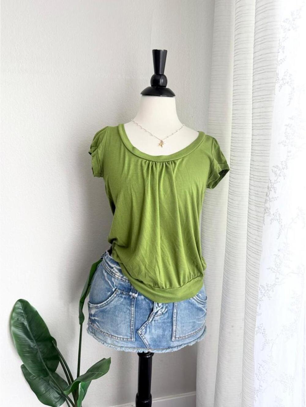 Y2K Olive Green Ruched Keyhole Top
